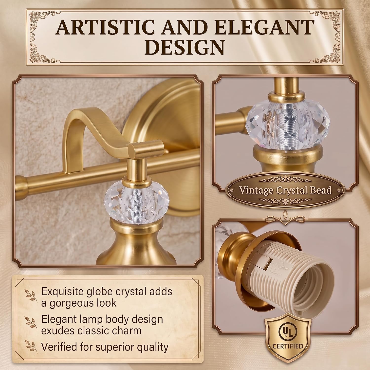 ANDY STAR Bathroom Light Fixture, 3-light Brass Vanity Light, Vintage Bathroom Lights Over Mirror with Crystal Beads, Wall Sconce Lighting with Frosted Milky Glass Shade, E26 Base (Bulbs Not Included) image 5