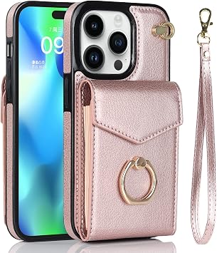 Leather Wallet Case with Ring & Lanyard for iPhone 16 15 14 13 12 11 Pro Max Gold, for iPhone 14
