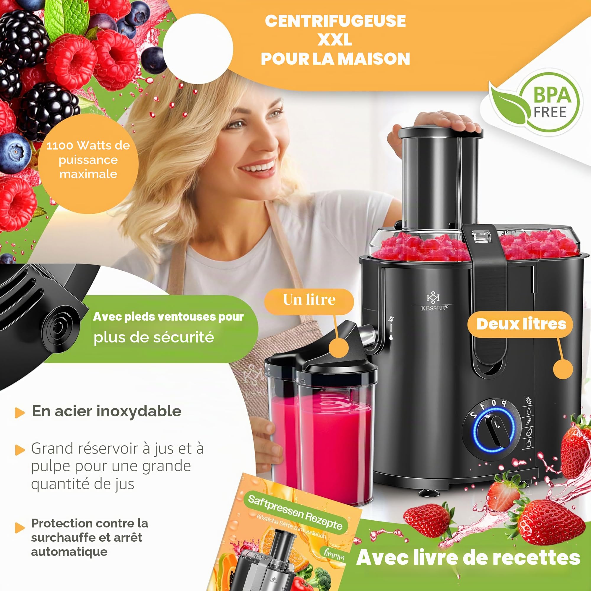 KESSER - Centrifugeuse en Inox Fruits et légumes 1100W, Extracteur de jus, Capacité 1L, Ouverture 85mm