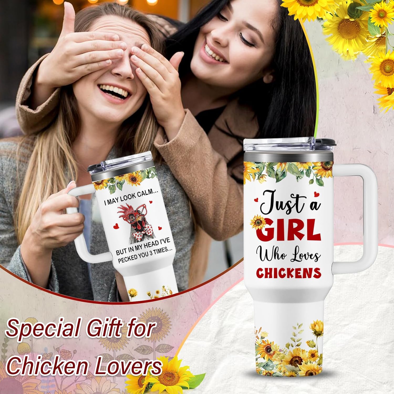 Chicken Gifts for Women - Chicken Tumbler Cup 40 oz - Funny Gifts for Chickens Lovers/Mom/Lady - Just a Girl Who Loves Chickens Themed Stainless Steel Mug, Sunflower - Image 2