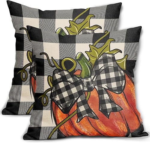Miniatura 1 de Sweetshow Juego de 2 fundas de almohada de otoño de 18 x 18 pulgadas, almohadas de calabaza naranja de Acción de Gracias, para exteriores, color