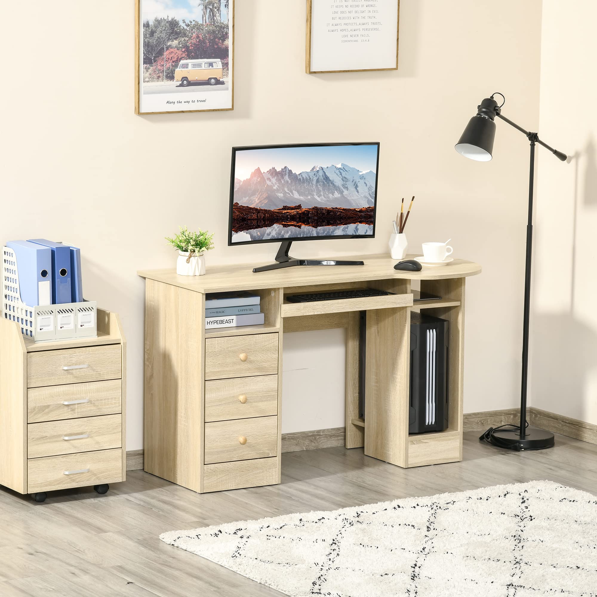 HOMCOM Scrivania da PC per Ufficio con Scaffali con Cassetti Color Legno | Ripiano Testiera in Legno, Scrivania per Computer
