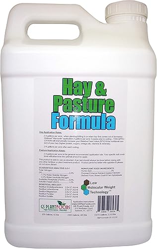 Fórmula de heno y pastos de GS Plant Foods, fertilizante orgánico para pastos con ácido húmico y ácido fúlvico (5 galones), fórmula de pasto para
