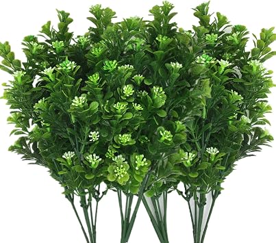 CATTREE Artificial Plants, Faux Plastic Bean Flowers Shrubs Fake Grass Leaves Simulation Greenery Bushes Indoor Outside Home Garden Office Yard Verandah Wedding Decor - 4 Pcs