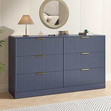 Blue 6 Drawer Dresser for Bedroom,55 Wide Fluted Dresser with Gold Handles, Modern Chest of Drawer for Bedroom,Closet, Living Room, Entryway, HallwayBlue,6 Drawer Dresser