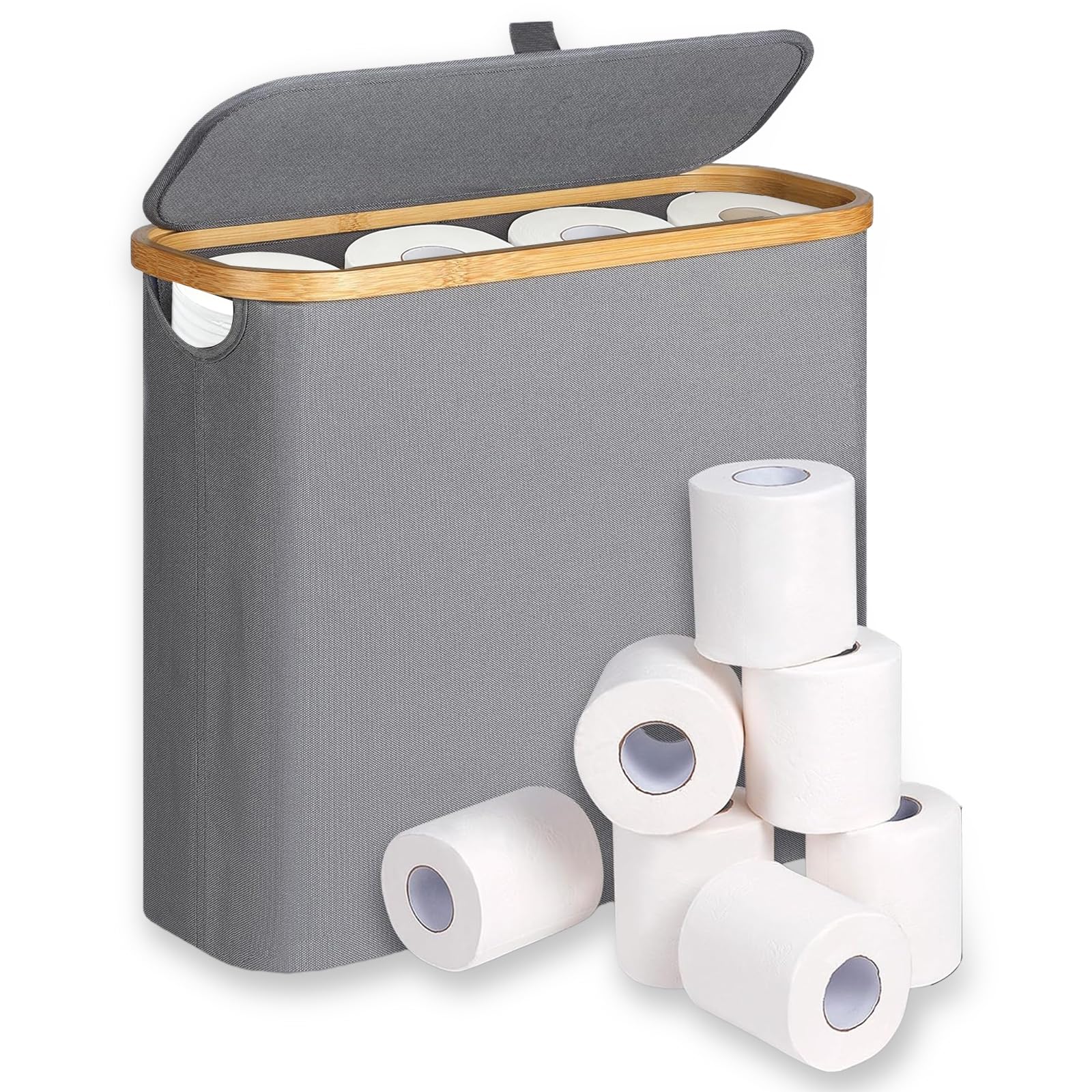 Meetoz Grey Toilet Roll Storage With Lid, 12 Rolls Roll Holder Storage Stand, Toilet Paper Basket, Bamboo Multifunctional Toilet Paper Basket Cabinet With Handle, Perfect For Tight Spaces, Bathroom
