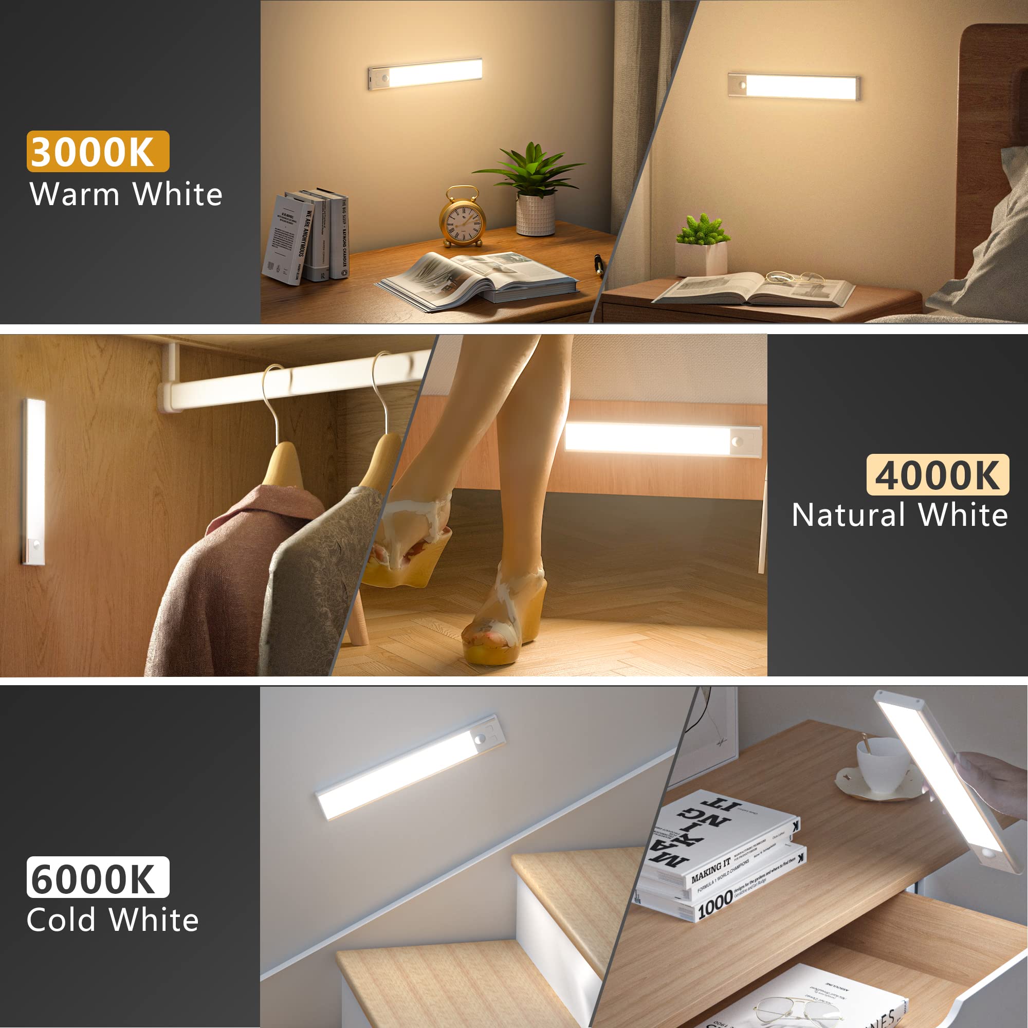 Luces para debajo del gabinete, sensor de movimiento, 3 temperaturas de color, luz LED para armario, luces recargables USB-C para debajo del mostrador, luces regulables, inalámbricas, magnéticas, para