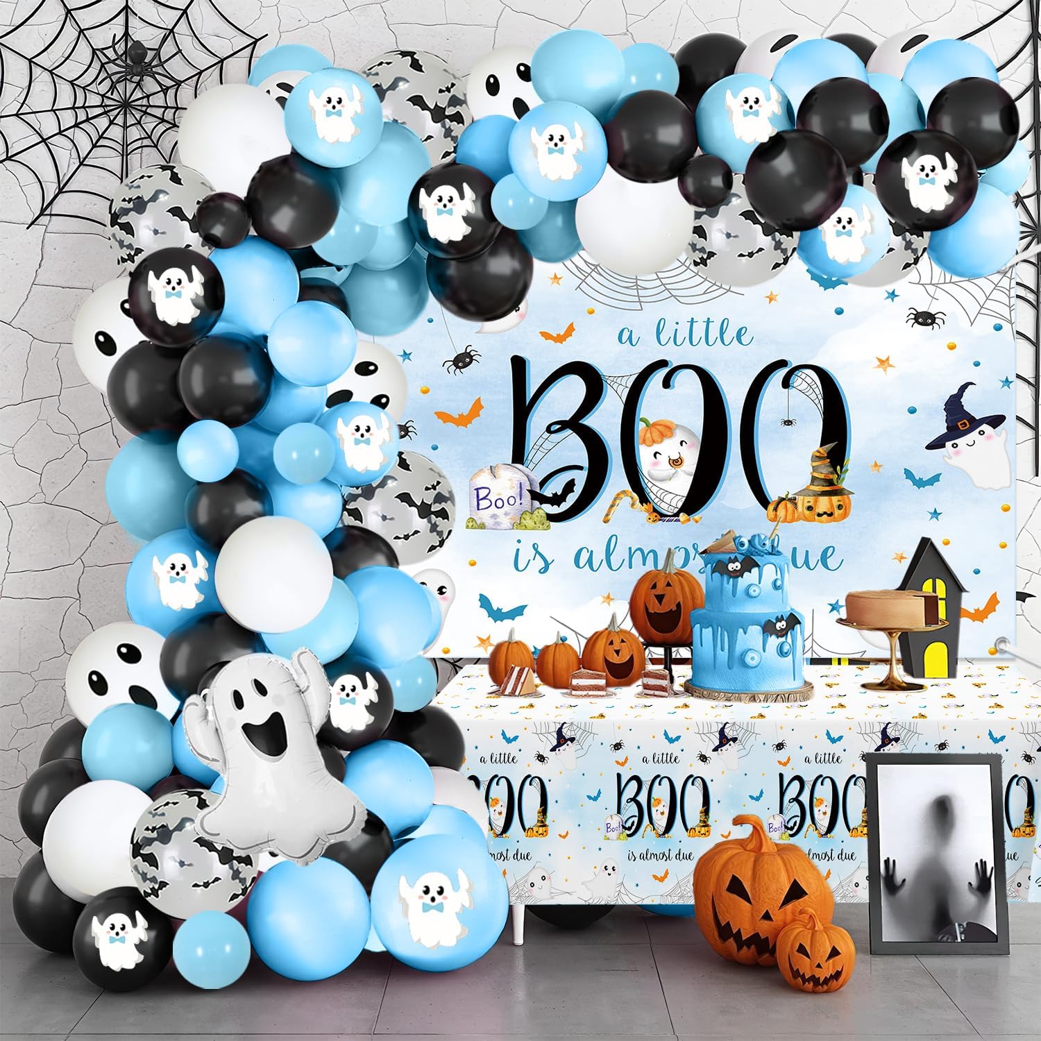 MEHOFOND Halloween Little Boo Baby Shower Decorations for Boy, A Little Boo is Almost Due Banner, Blue and Black Balloons Garland Arch Kit, Blue Spider Web Party Tablecloth Little Boo Party Supplies