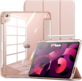 INFILAND Compatible with iPad Air 5 Case/iPad Air 4 Case, iPad Air 5th (2022)/4th Generation Case (2020) 10.9 inch, [ Crystal Clear Back + Pencil Holder + Auto Wake/Sleep] Clear Rose Gold