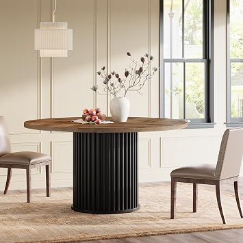 Tribesigns 47.24" Black Round Dining Table for 4-6 People | Modern Fluted MDF + Metal Base Kitchen Table, Sturdy Circle Dining Room Furniture, Easy Assembly, Brown + Black