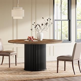 Tribesigns 47.24-Inch Black Round Dining Table for 4-6 People, Modern Fluted MDF + Metal Base Kitchen Table, Sturdy Circle Dining Room Furniture, Brown + Black
