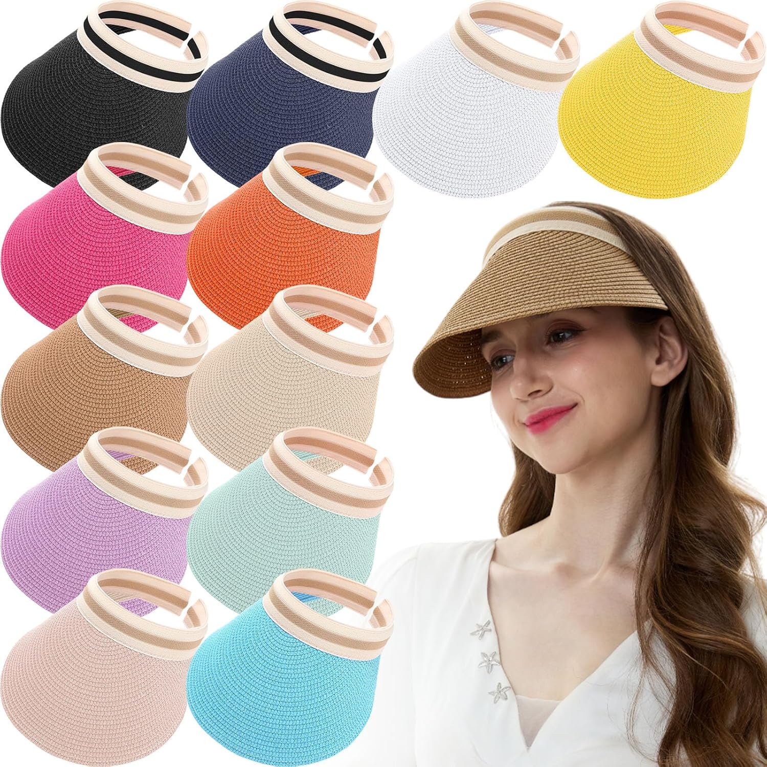 Tigeen 12 Pcs Colorful Sun Visor Hat for Women Golf Bulk Summer Straw Wide Brim Beach Hats UPF 50+ Adjustable for Outdoor