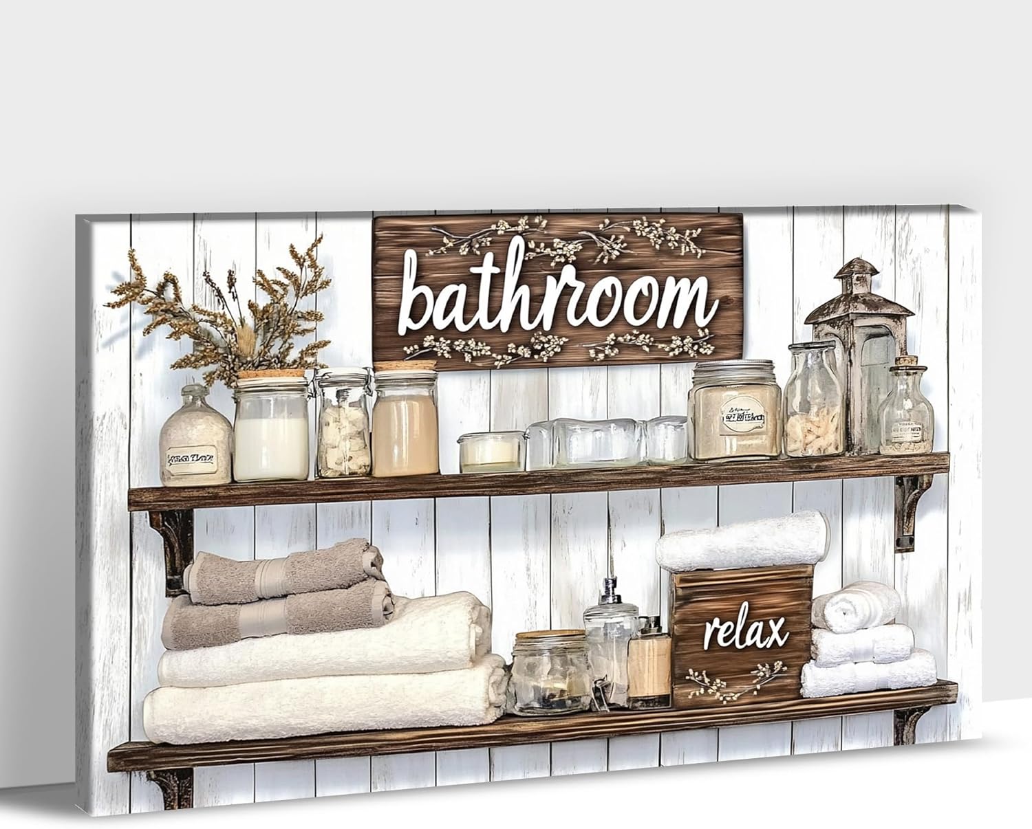 ANRUOXI Canvas Wall Art Bathroom Wall Decor Farmhouse Shelf Picture Prints Vintage Bathroom Wall Art for Laundry Room Decor Bedroom Living Room Neutral Rustic Framed Canvas Prints 18x24 Inch