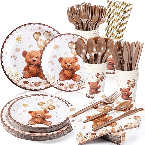Bokon 200 piezas de decoración de oso para baby shower para 25 invitados, platos de papel para baby shower, juegos de servilletas, suministros de