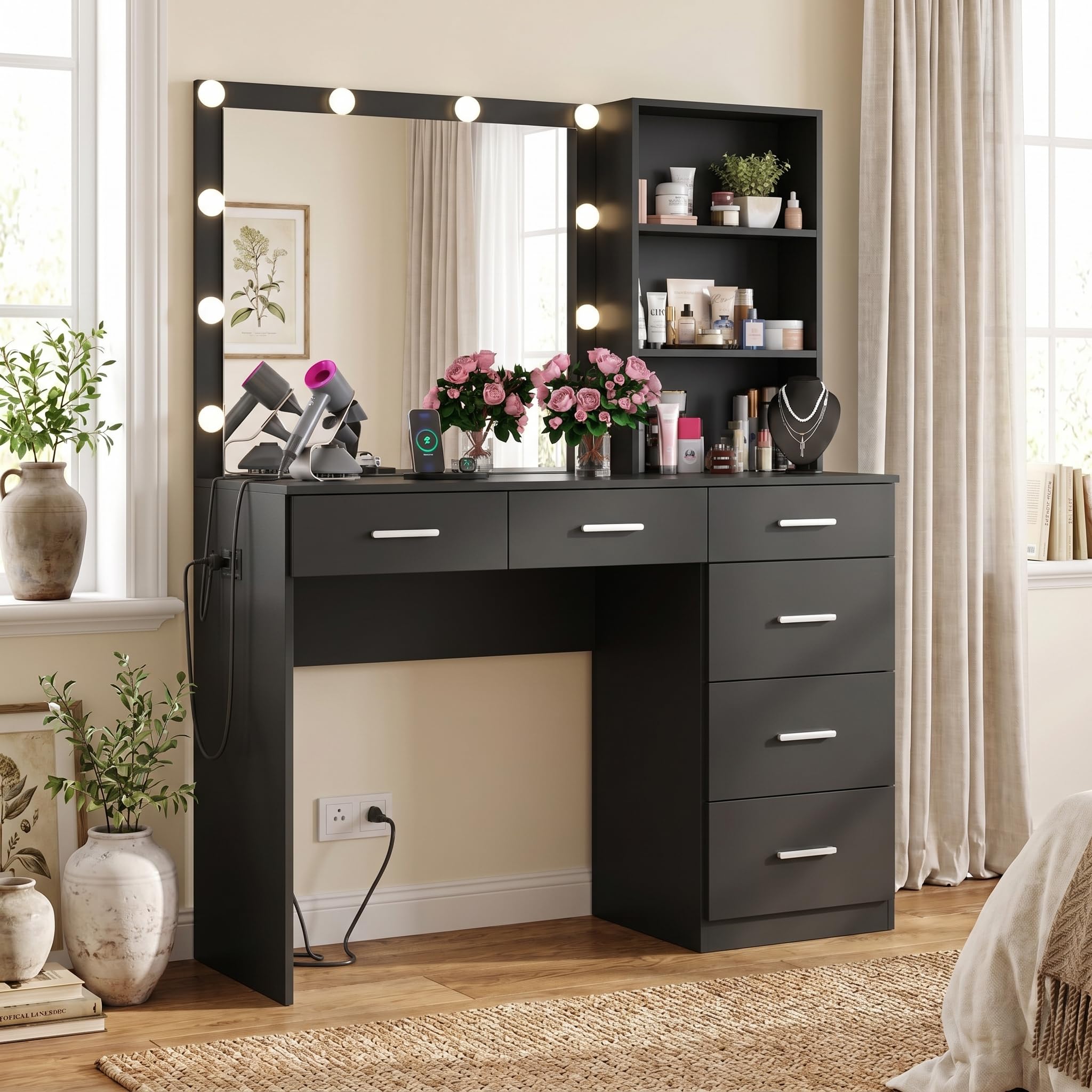 black dressing table with drawers Black Makeup Vanity Table Faux Marble Dressing Table with Drawers Gold  Stainless Steel-Wehomz – WEHOMZ main image 0