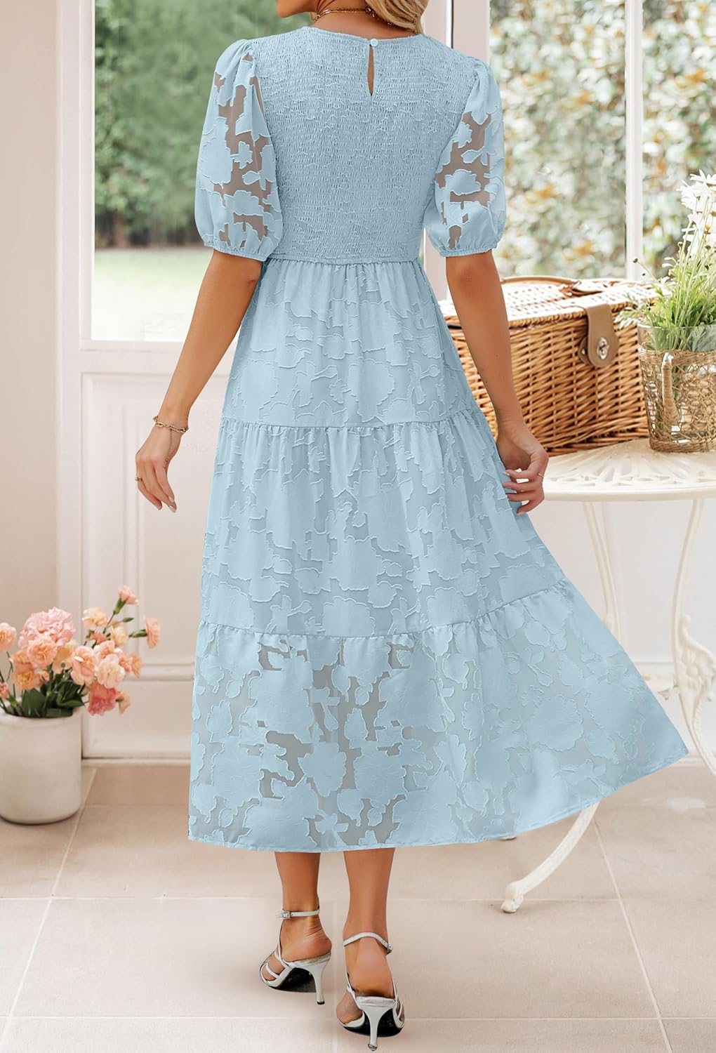 ZESICA Women's 2026 Summer Floral Lace Maxi Dress with Puff Sleeves and Smocked Bodice — view 4