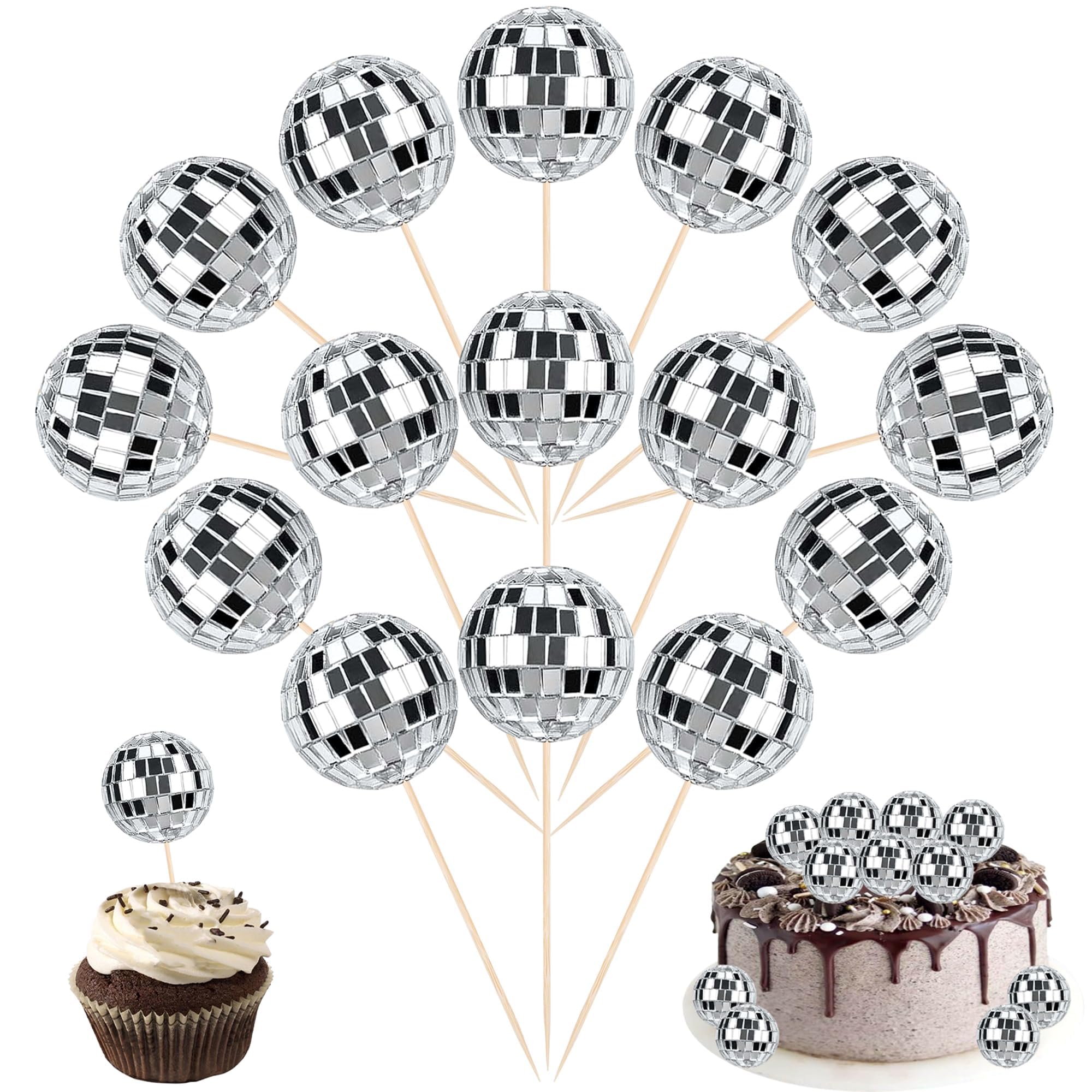 Xsstarmi 24 Pack Disco Ball Cupcake Toppers Disco Party Decorations Mini Disco Ball Cupcake Picks Disco Ball Cake Toppers for Disco Theme Party 70s Disco Party Cake Decorations Silver