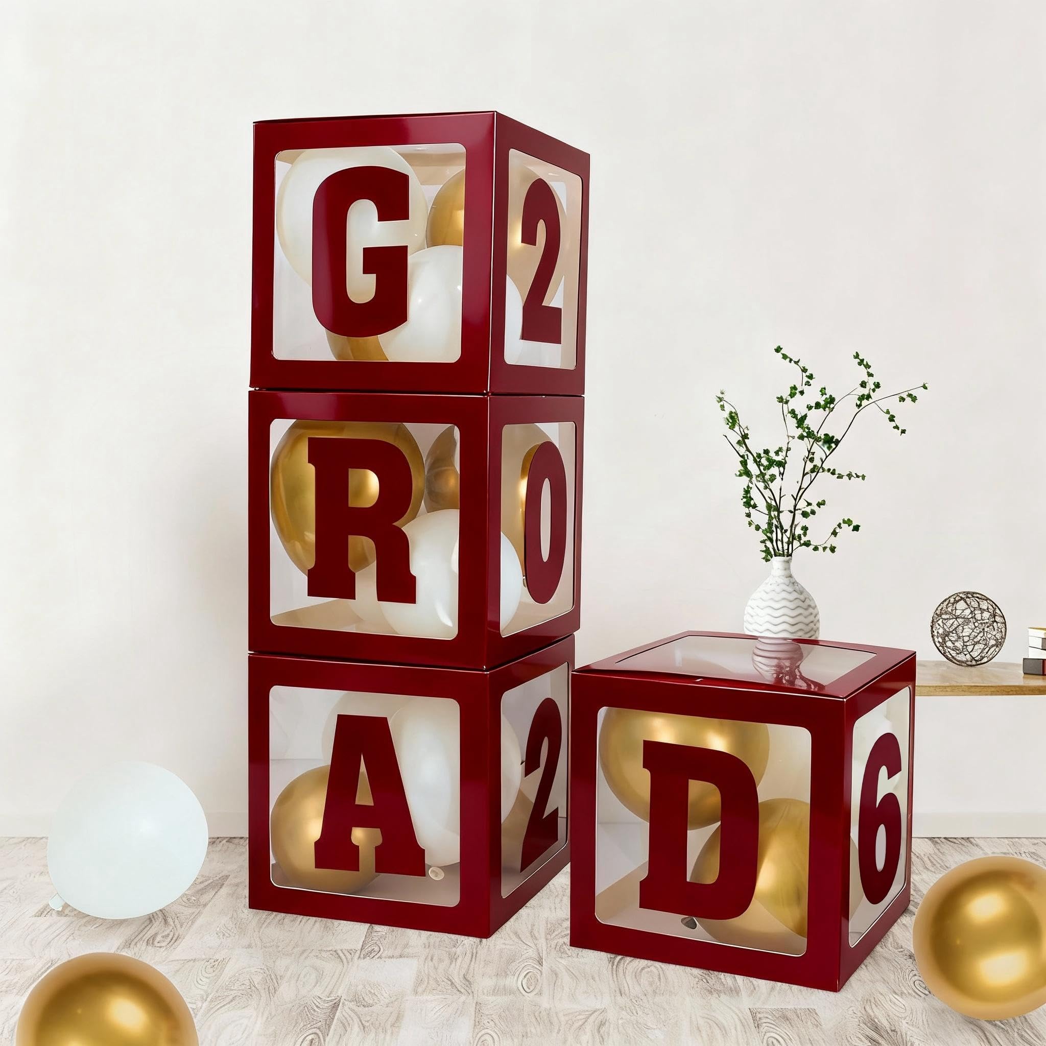 Photo 1 of 2026 Graduation Decorations - 4Pcs Maroon Balloon Boxes with Letters 2026&Grad for Preschool Kindergarten Middle High School College Graduation Party Decorations Class of 2026