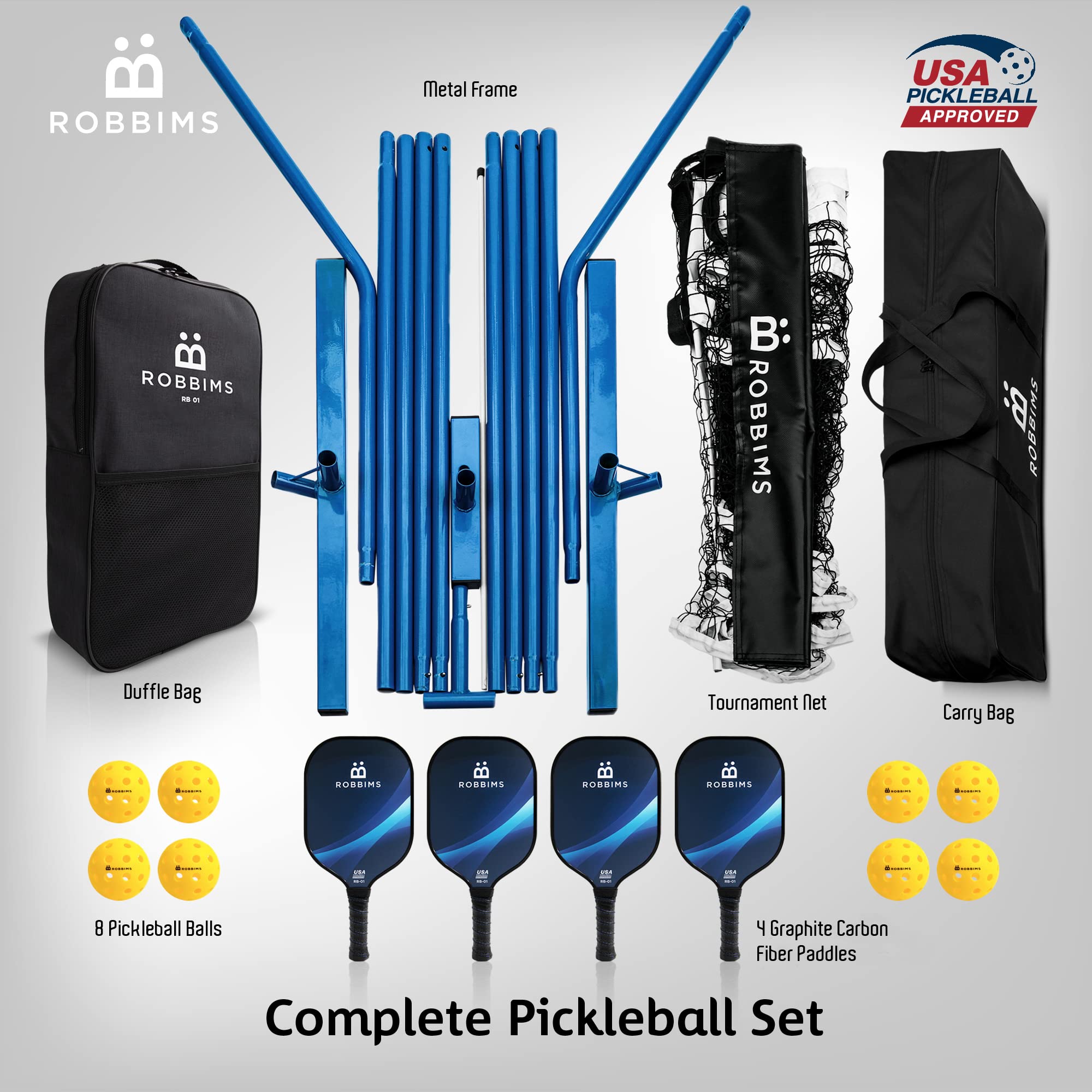 Portable Pickleball Set with Net 4 USAPA Approved Graphite Paddles