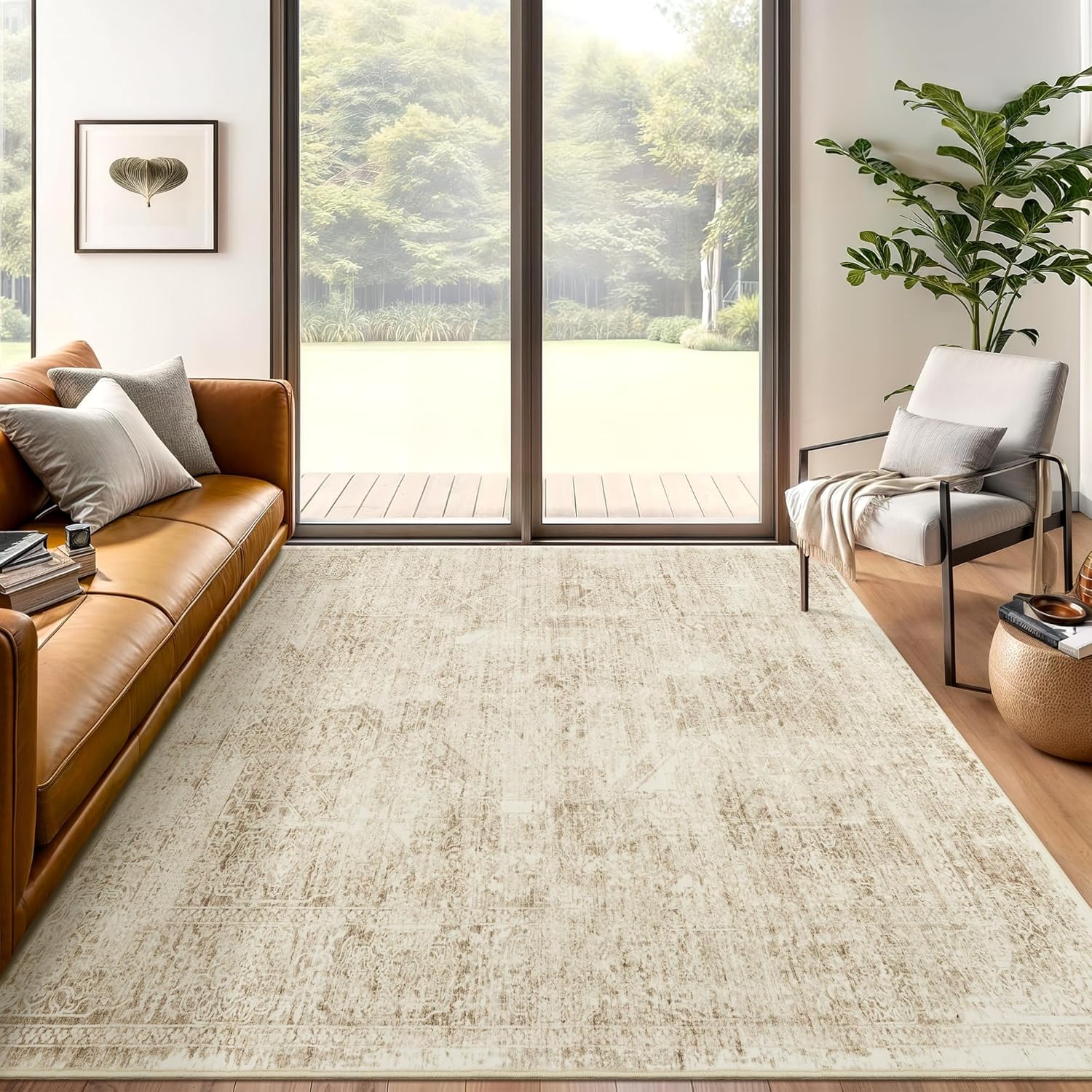 Grand tapis salon moderne marron et beige 200 x 280 cm avec fond antidérapant