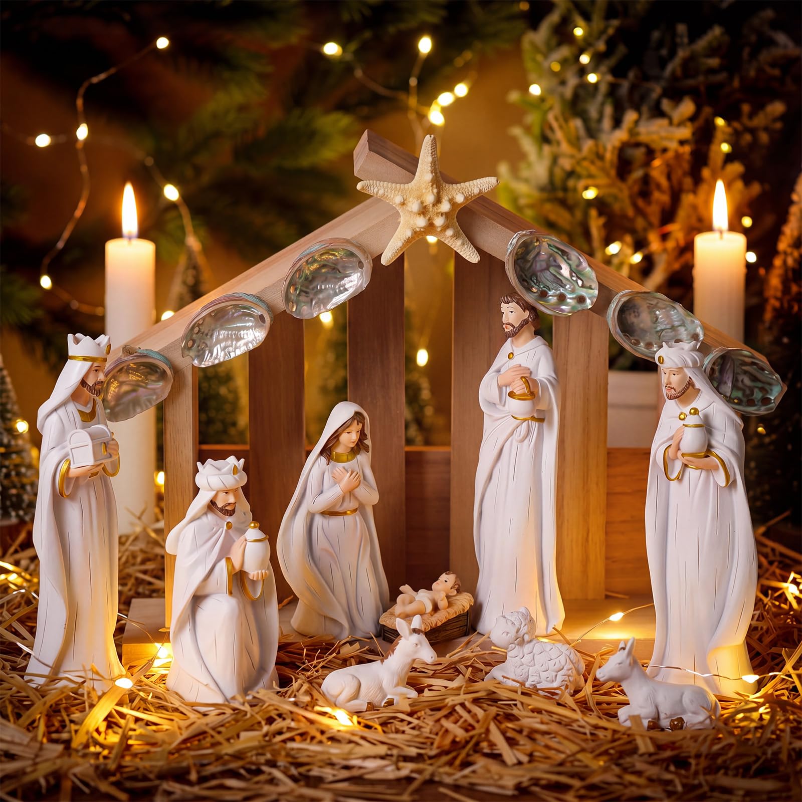 Wesiti Presepe di Natale in legno con stella marina centrotavola per tavoli all'interno scala sacra famiglia stabile in legno asilo nido decorazione scrivania casa 15,2 x 12,7 cm