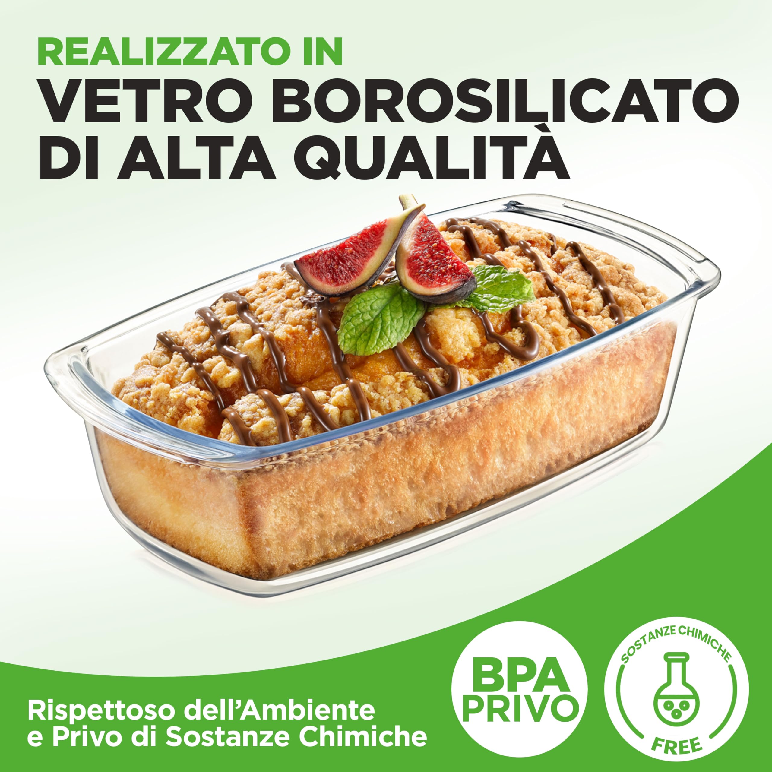 Nutrichef Contenitori Vetro per Alimenti da 1,8 Litri con Coperchio, Set 3 Teglie per Dolci, Torta, Plumcake, Pane, Lasagna e Pasta, Resistenti a Forno e Microonde