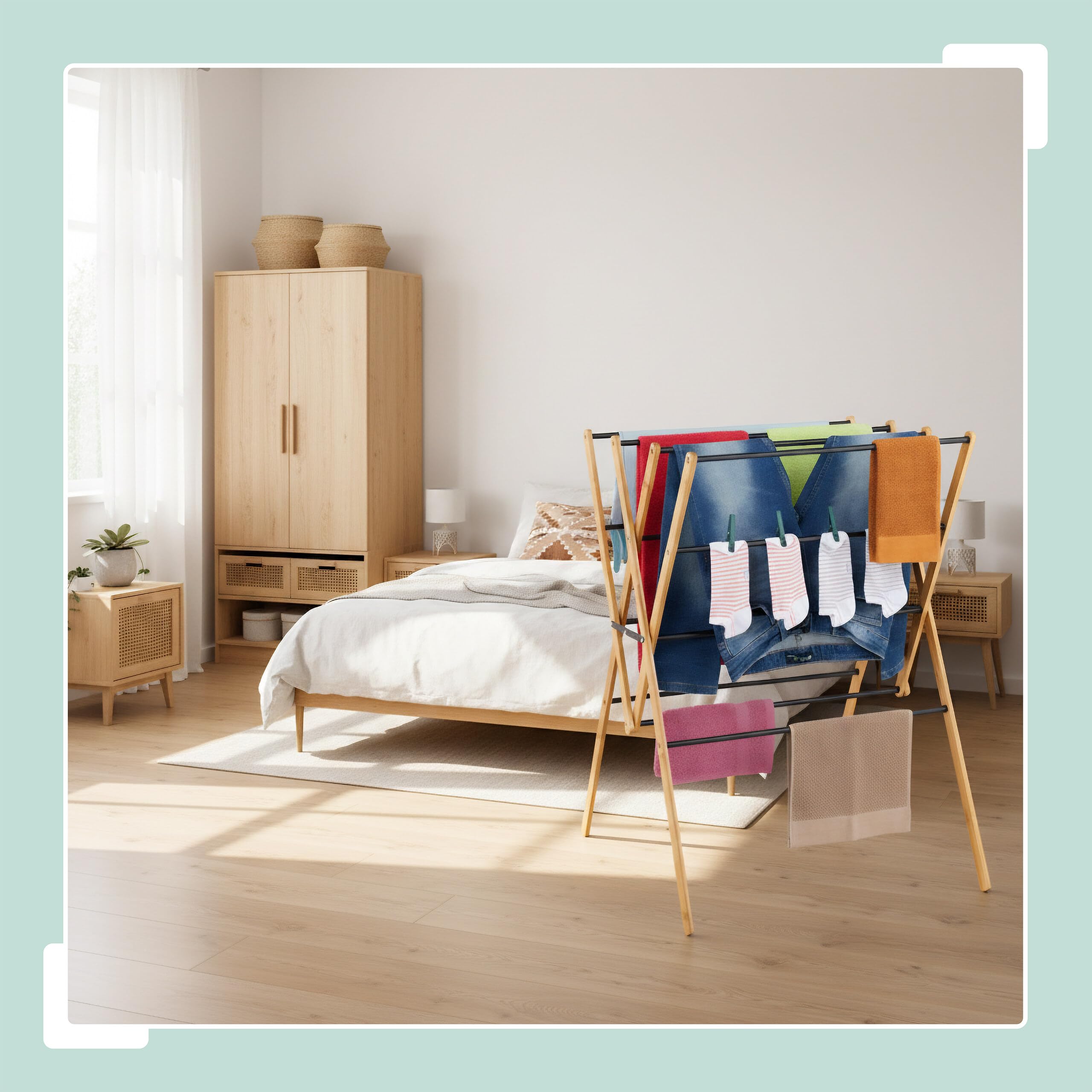 Tendedero Relaxdays, Plegable, 12 Varillas, 93 x 70 x 62 cm, bambú, Metal, Torre, Natural/Negro