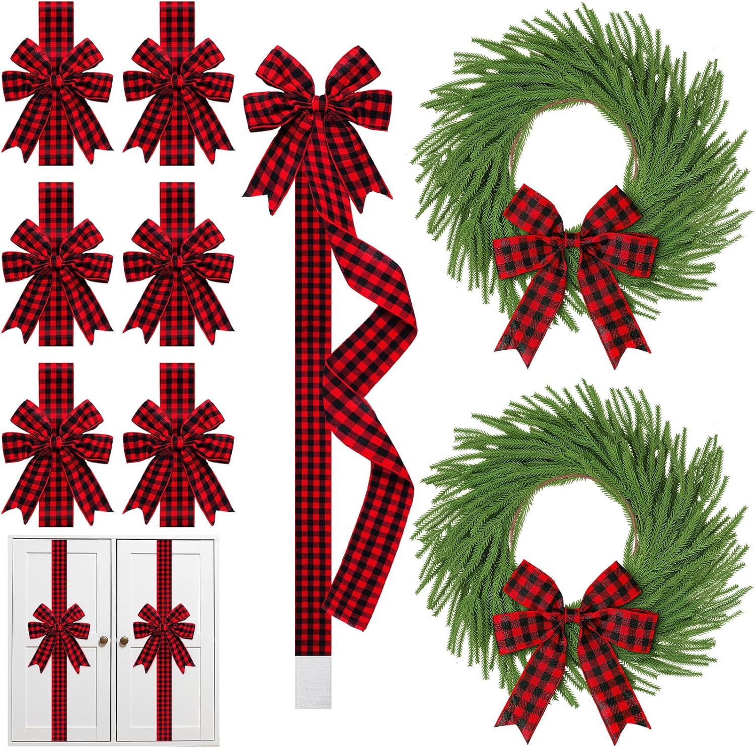 12 Pcs Christmas Door Cabinet Bows and Kitchen Cabinet Wreaths Set Red and Black Plaid Christmas Kitchen Ribbons Bows Xmas Mini Norfolk Wreath Hanging Decor for Xmas Door Farmhouse Window Fireplace