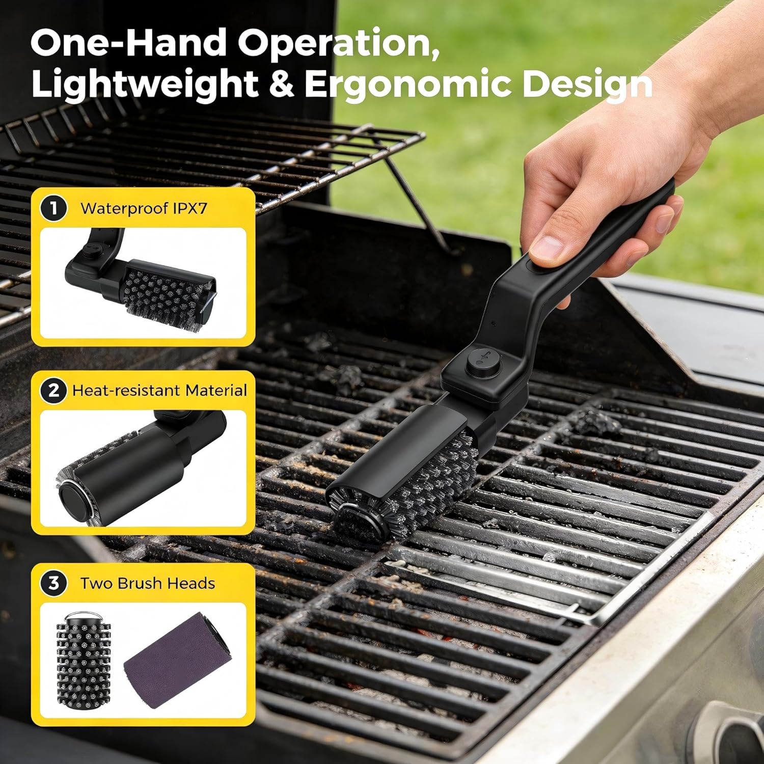 Electric Grill Brush, Rechargeable High Torque BBQ Grill Cleaner with 3-Speed Control, Safe for Porcelain, Cast Iron & Stainless Steel Grill Grates