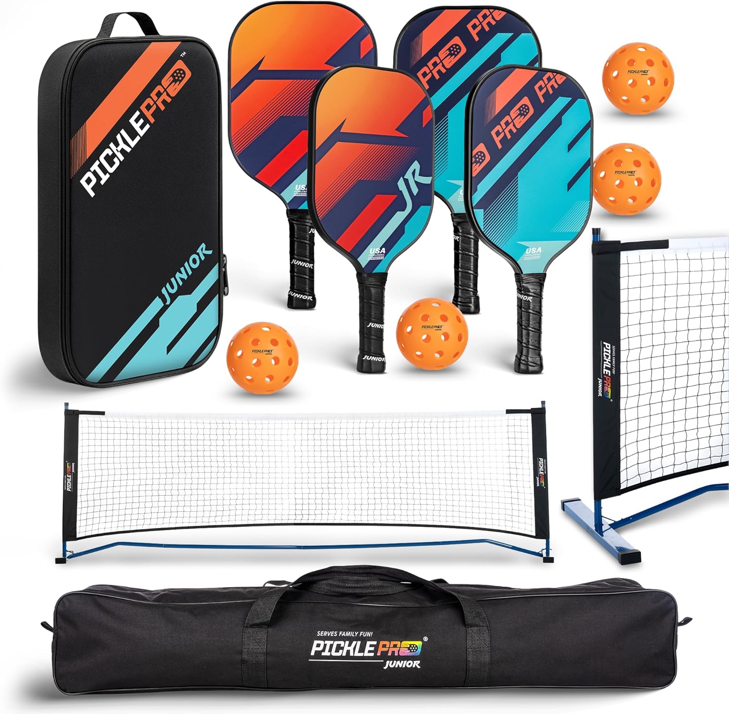 PicklePro Junior - Lab Tested 6+ Complete Pickleball Set with 10ft Net – Includes 4 Junior Paddles, Balls & Bag – USAP Approved Beginner Pickleball Kit