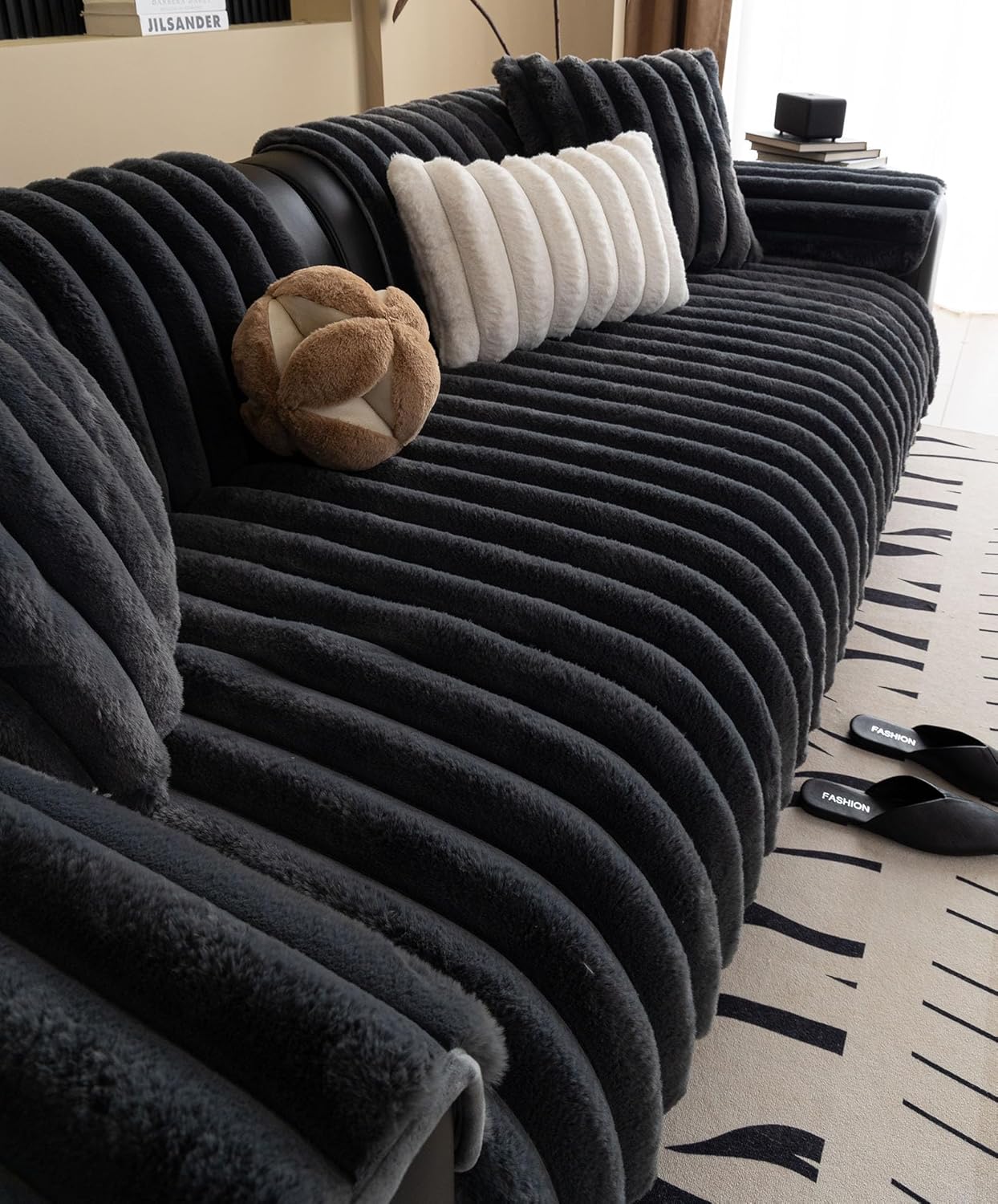 Faux Rabbit Fur Couch Sofa Cover Washable, Shaggy Fuzzy Sectional Couch Cover, Stripe Non-Slip Soft Plush Sofa Slipcover Furniture Protector for Dogs, Pets (Dark Grey,36"x94")