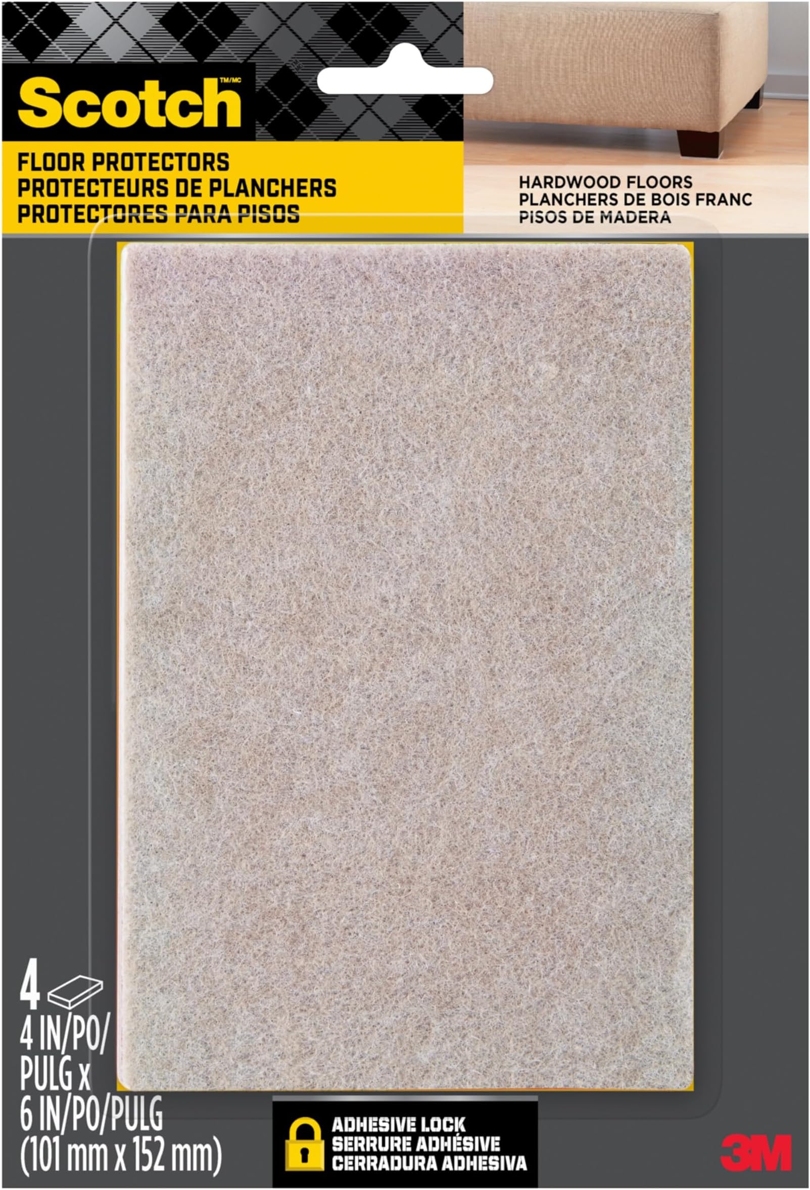 Scotch Felt Pads, 4 Pads, Rectangular, Beige, 4 in x 6 in
