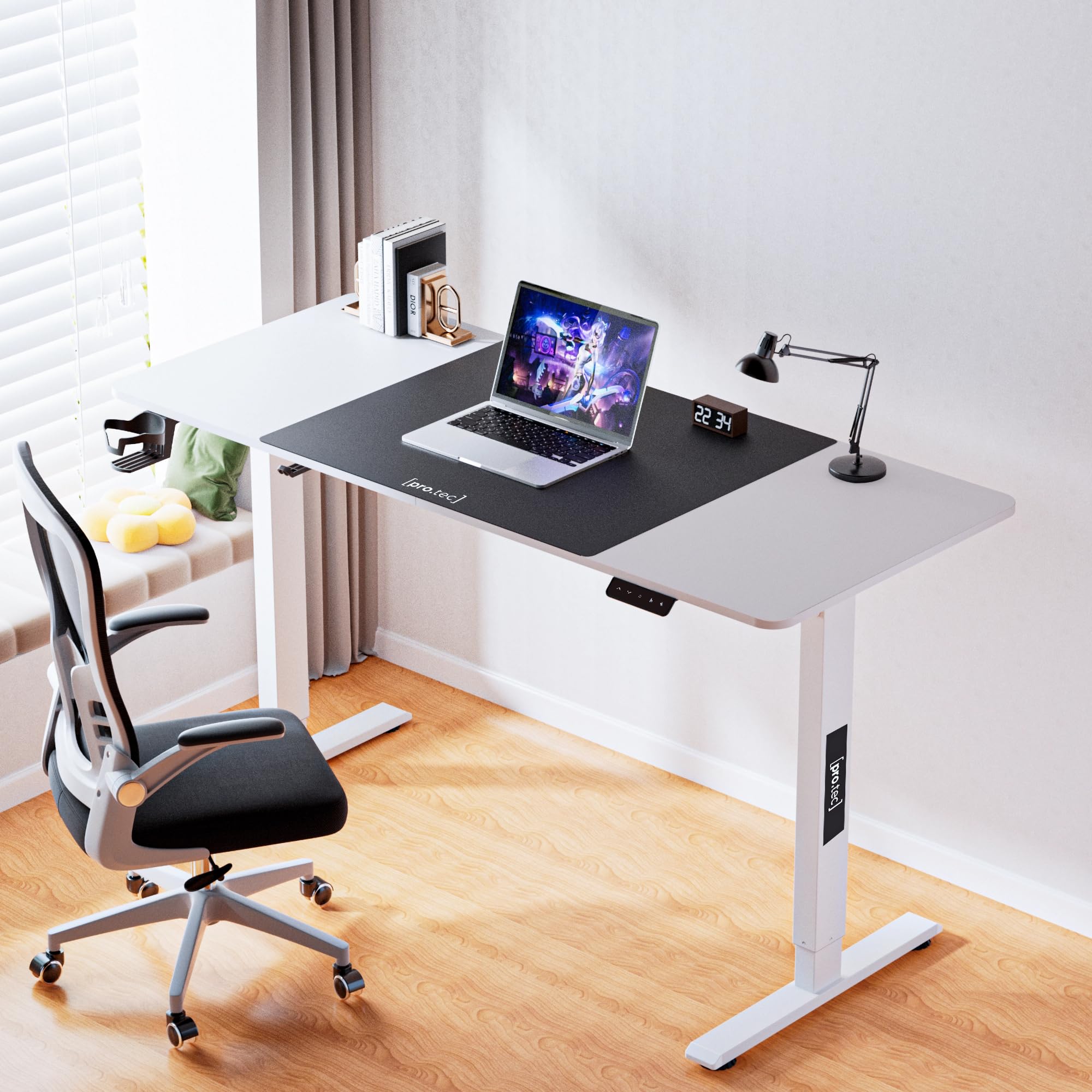 pro.tec Escritorio Stryn Rectangular Regulable en Altura 72-117 cm con Clips y 2 Salidas de Cables Eléctrico 2 Opciones (Sentado y de Pie) Alfombrilla de Ratón XXL 140 x 60 cm Aglomerado/Acero Blanco