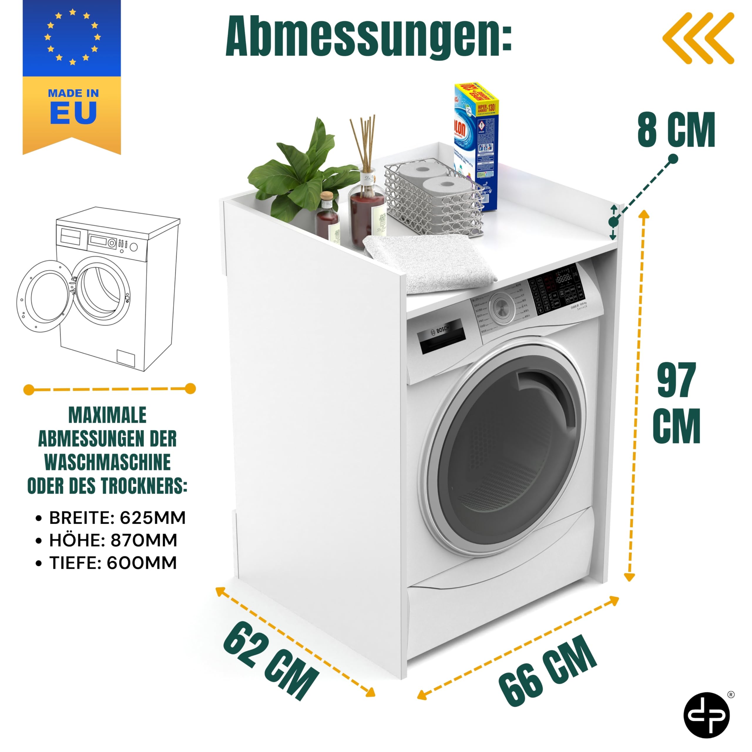 defiPad Waschmaschinenschrank für Waschmaschine oder Wäschetrockner | Stylisch und praktisch Waschmaschine Trockner Schrank | Waschmaschinenregal | Waschmaschinenüberbau | 66x97x62 cm (Weiß)