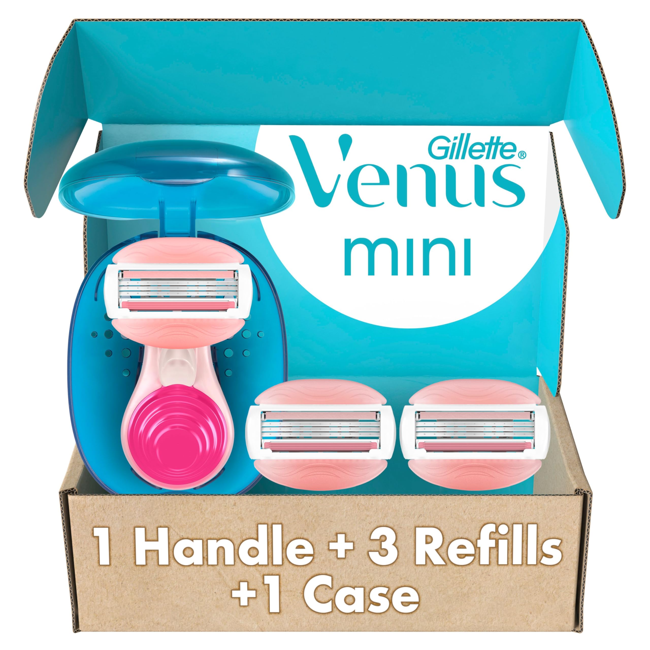 Gillette Venus Mini On The Go Women's Razor Handle with 3 ComfortGlide White Tea Scent Blade Refills + 1 Travel Case