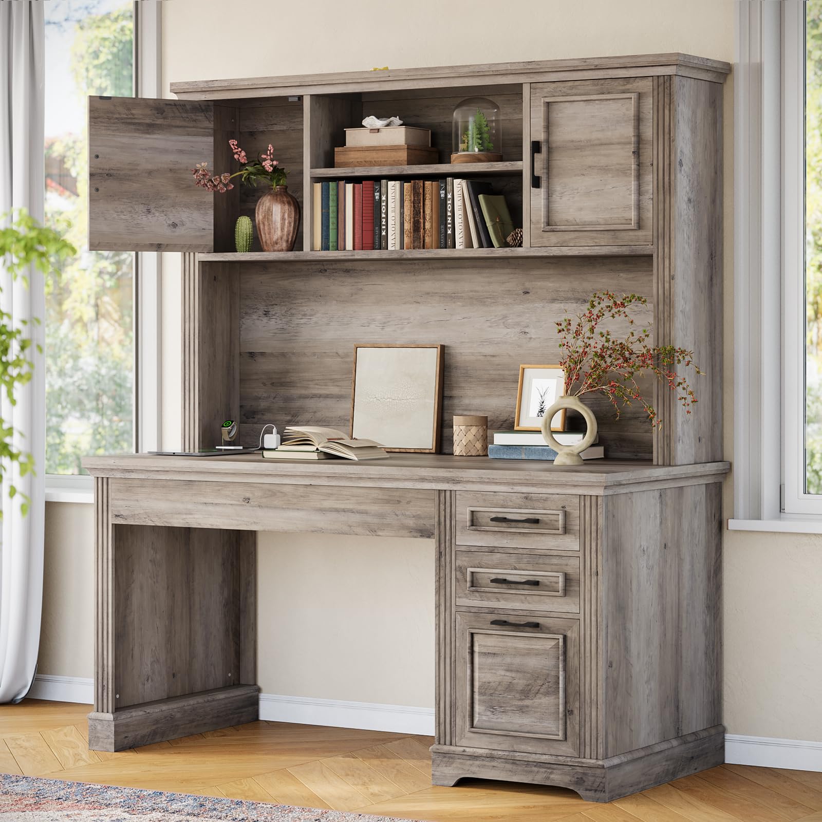 Itaar Farmhouse Computer Desk, Executive Office Desk with Hutch and File Drawers, Wood Home Office Desk with Power Outlet and Storage Drawers, Workspace for Work Study Writing, Grey