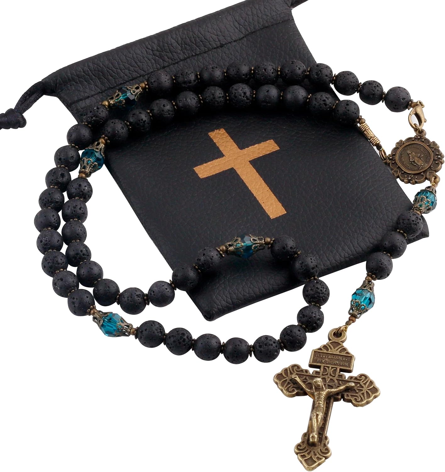 HanlinCC 8mm Lava Stone Beads Catholic Rosary Necklace with Virgin Mary Medal and Pardon Crucifix - Image 3