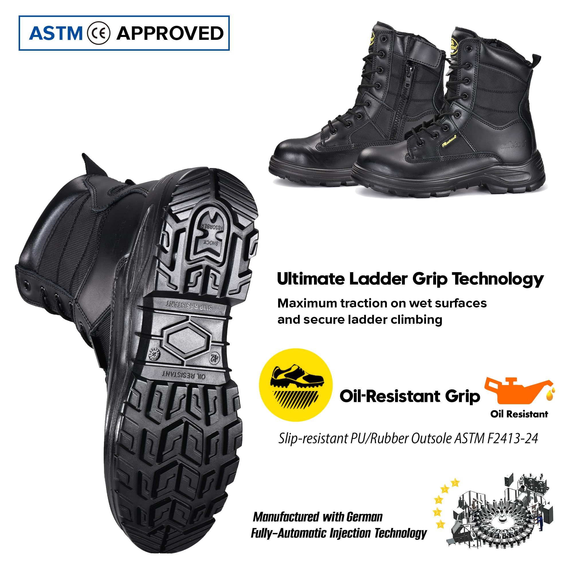 SAFETOE Botas militares con puntera de acero para hombre, 9438WR, cuero impermeable, antideslizante, antiestático, cremallera lateral