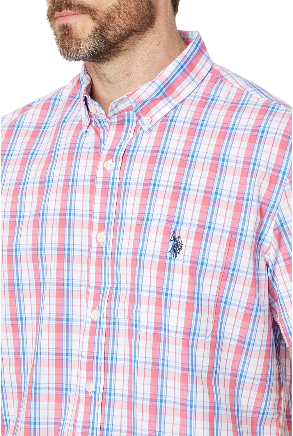 U.S. Polo Assn. Mens Short Sleeve Classic Fit 1 Pocket Yarn Dye Plaid Stretch Poplin Woven Shirt - Image 3