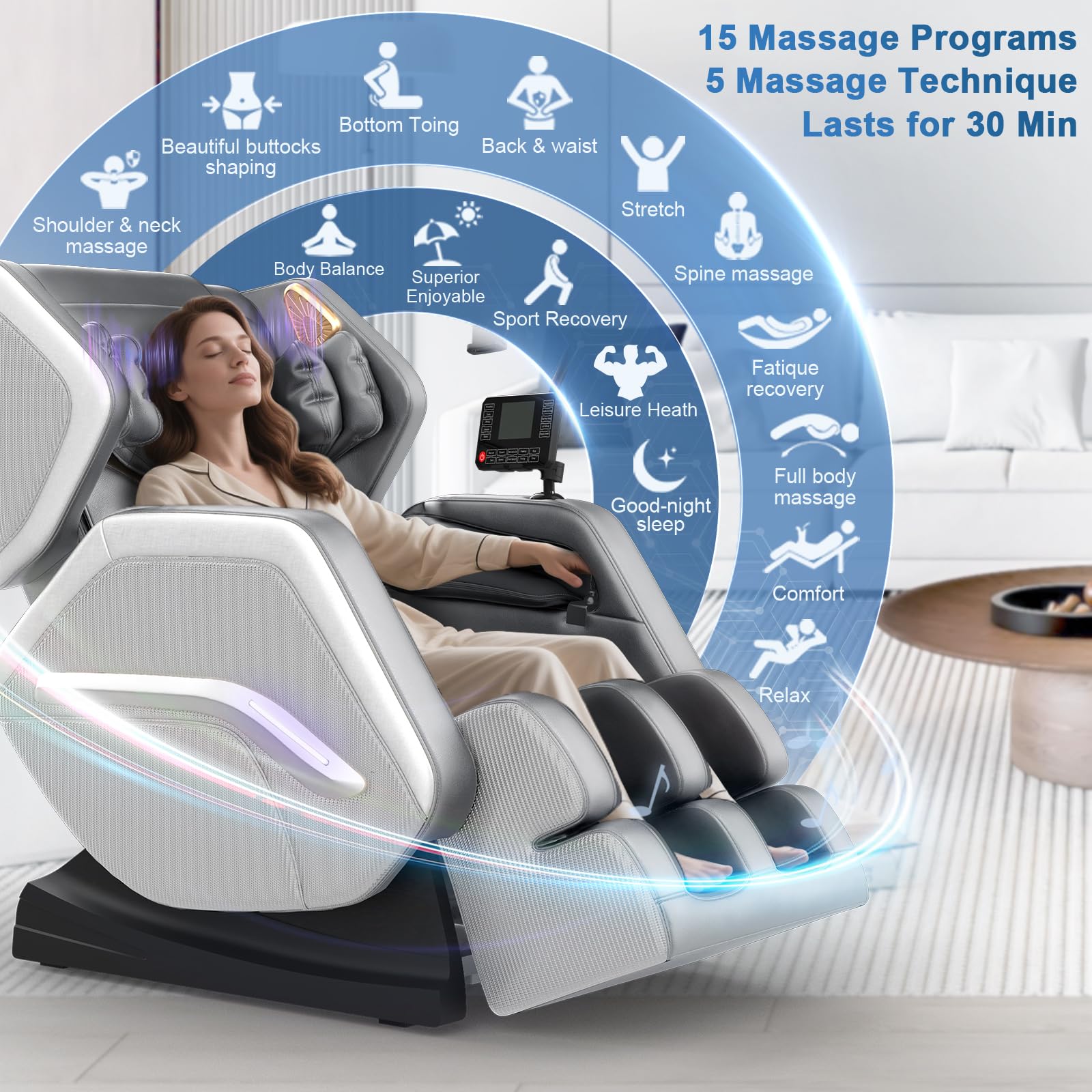 Sillón de Masaje, sillón reclinable de Cuerpo Completo con 14 Rodillos, 8 Bolsas de Aire, función de calefacción, Masaje de pies, Altavoz Bluetooth, Control Remoto táctil