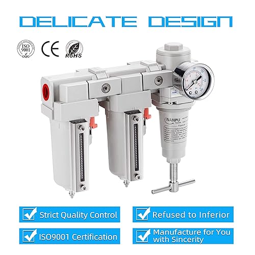 Miniatura 2 de NANPU Sistema de secado de aire de alta presión con mango en T NPT de 38 pulgadas, filtro de partículas doble de 5 micrones y pistón regulador de