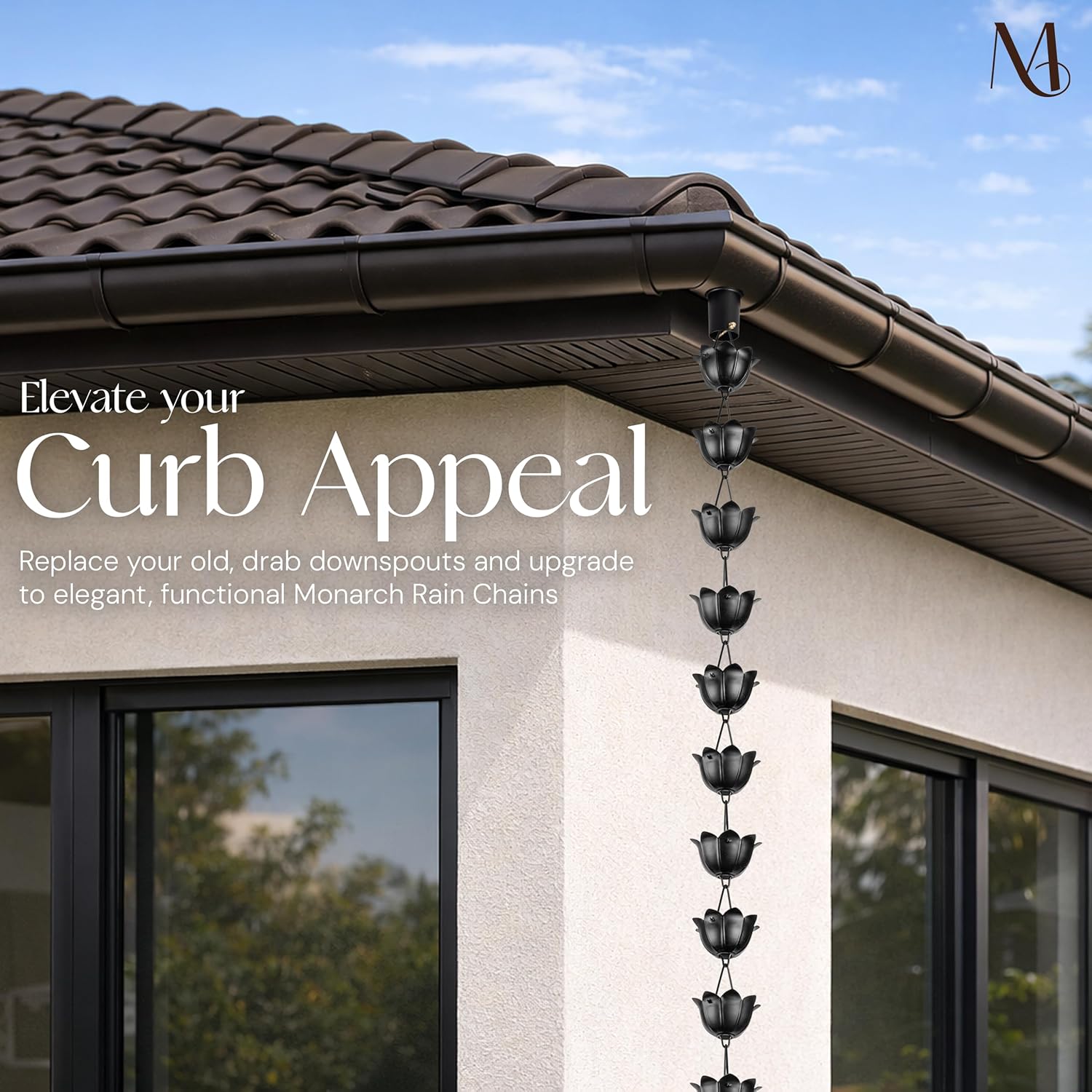 Monarch Rain Chains Aluminum Lotus Black Rain Chains for Gutters – 8.5 ft Black Decorative Rainchain Outdoor Durable Heavy Duty Gutter Chain Downspout, Modern Rainchains for Outside