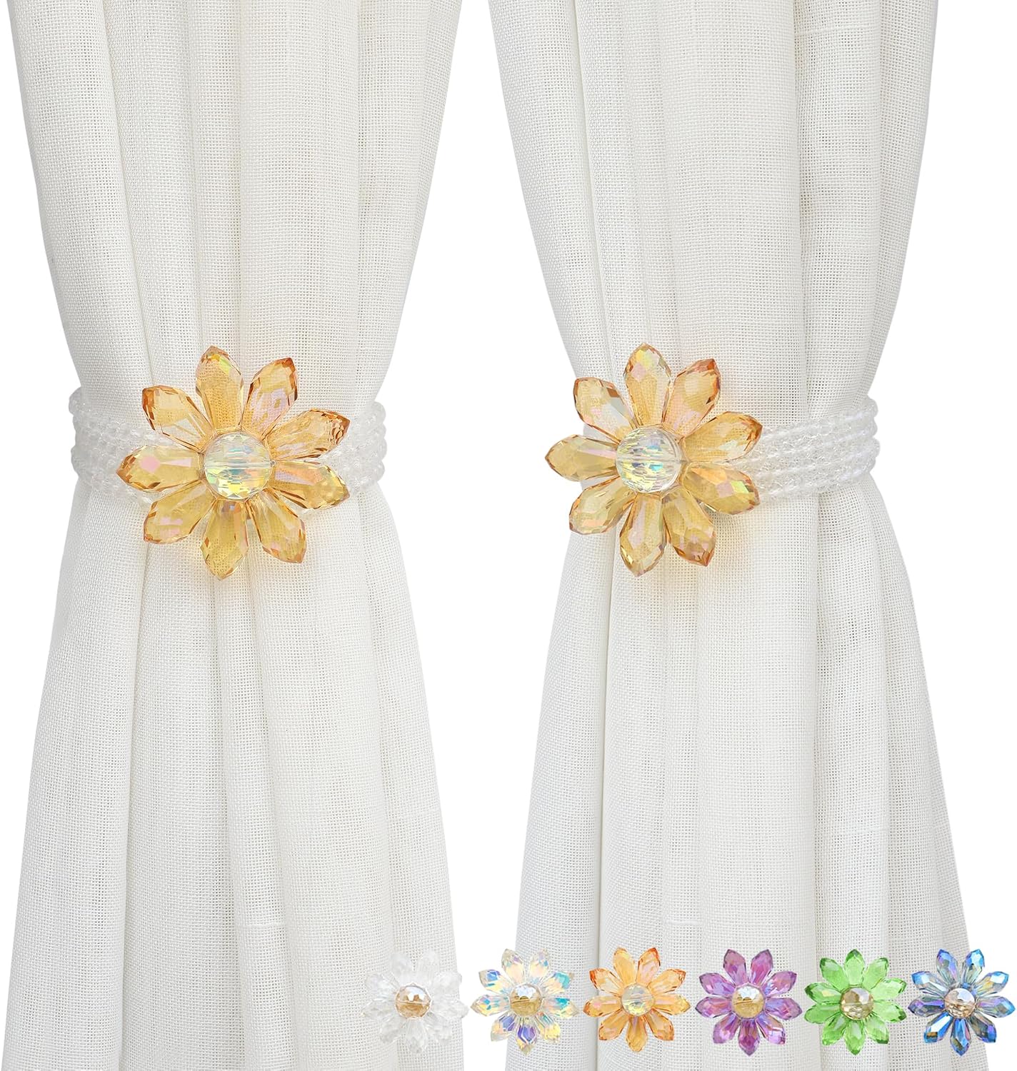 PEDOBO Crystal Flower Curtain Tiebacks, 2 Pack Crystal Beaded Sheer/Drapery Curtain Holdbacks, Boho Farmhouse Home Decor (Golden)