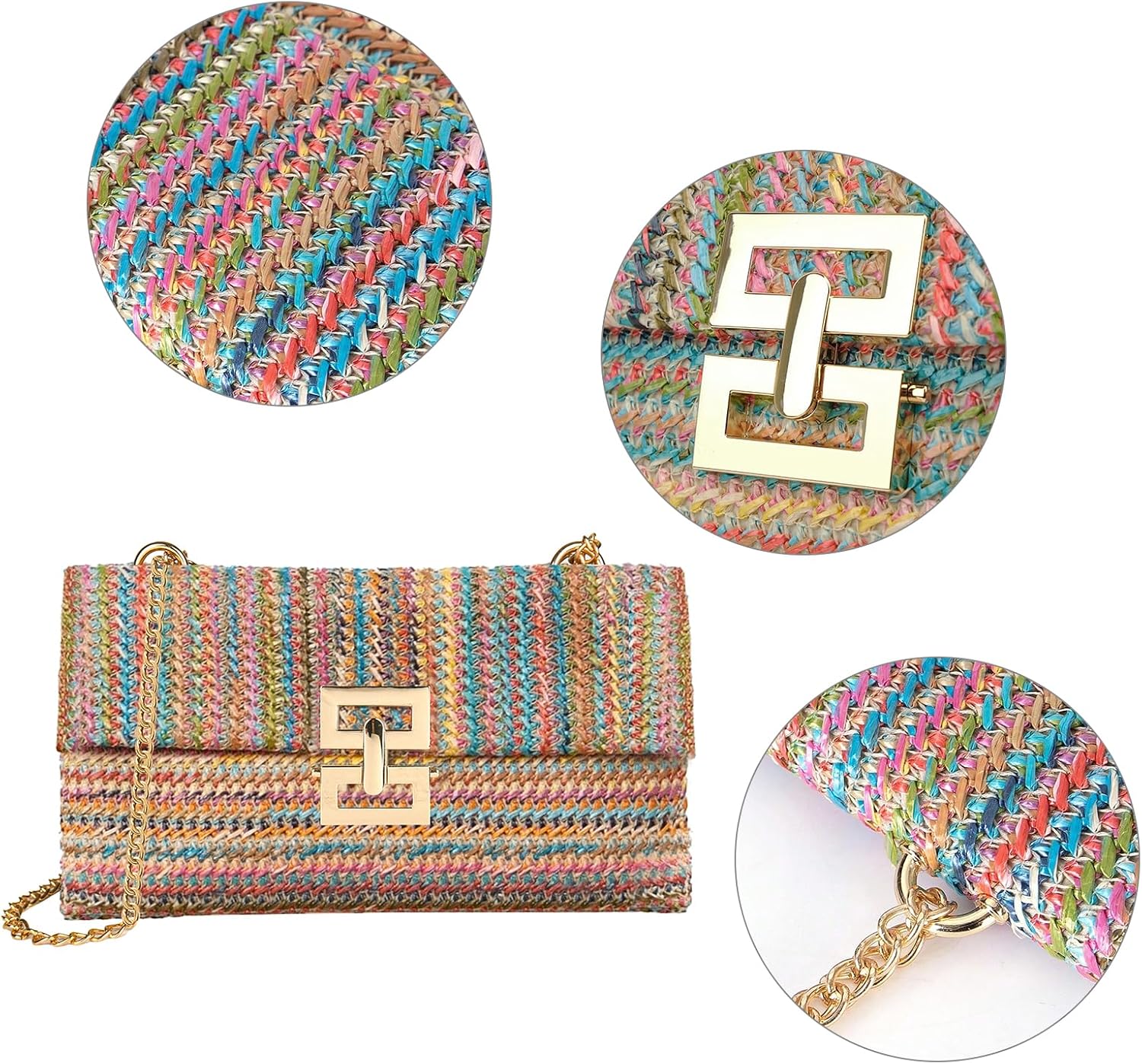Straw Chain Clutch Purses for Women Ladies Woven Envelope Handbag Shoulder Crossbody Beach Bag | Straw Chain