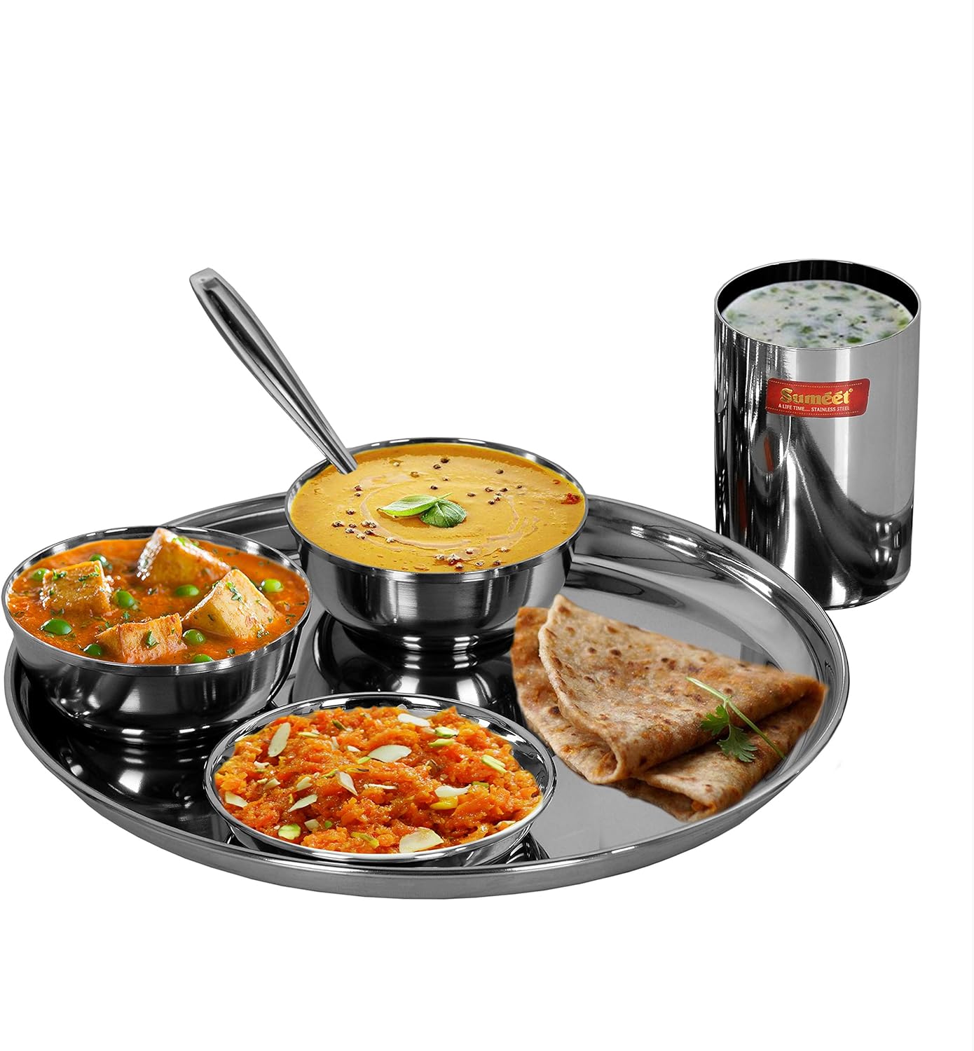 Sumeet Stainless Steel Heavy Gauge Mirror Finish Dinner set of 24 Pcs (4 Plate, 4 Small/Halwa Plate, 8 Bowl/Wati, 4 Glass, 4 Spoon)