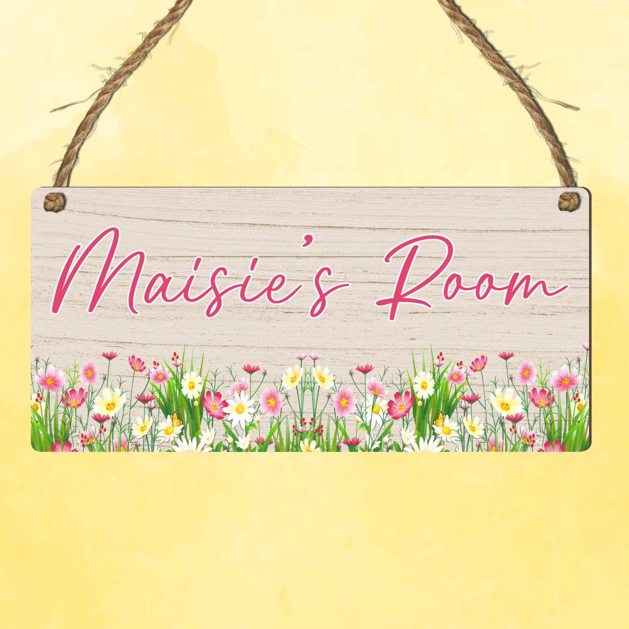 Custom Girls Hanging Room Name Plaque | Personalised Kids Bedroom Sign | Fairies Rainbows Unicorns Princess Mermaid Ballet Bedroom Décor (Flowers)