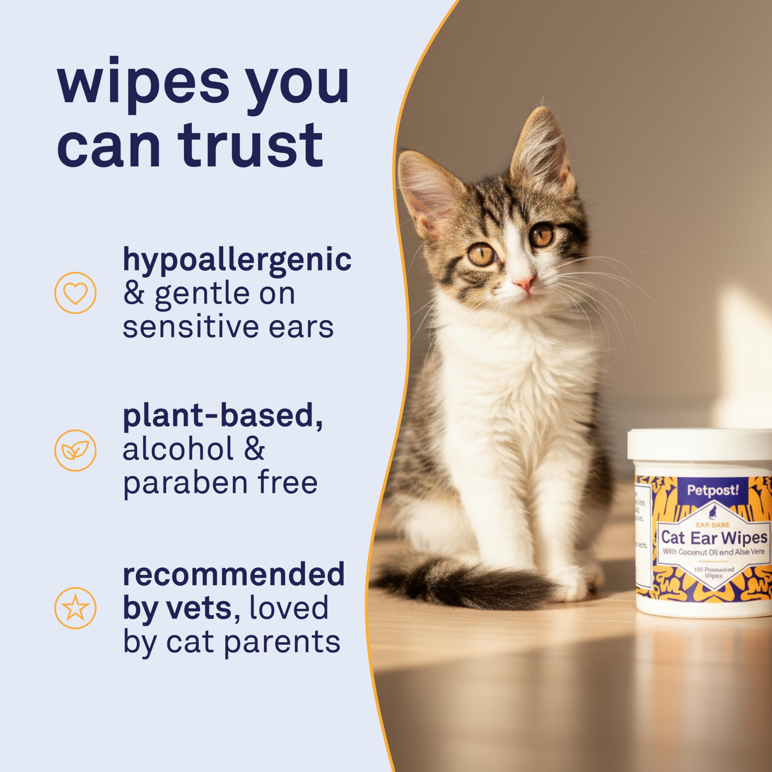 Petpost | Toallitas Limpiadoras de Oído para Gatos – 100 Almohadillas de Algodón Ultra Suave en Solución de Aceite de Coco – Tratamiento para Garrapatas de Oído de Gatos e Infecciones Auditivas