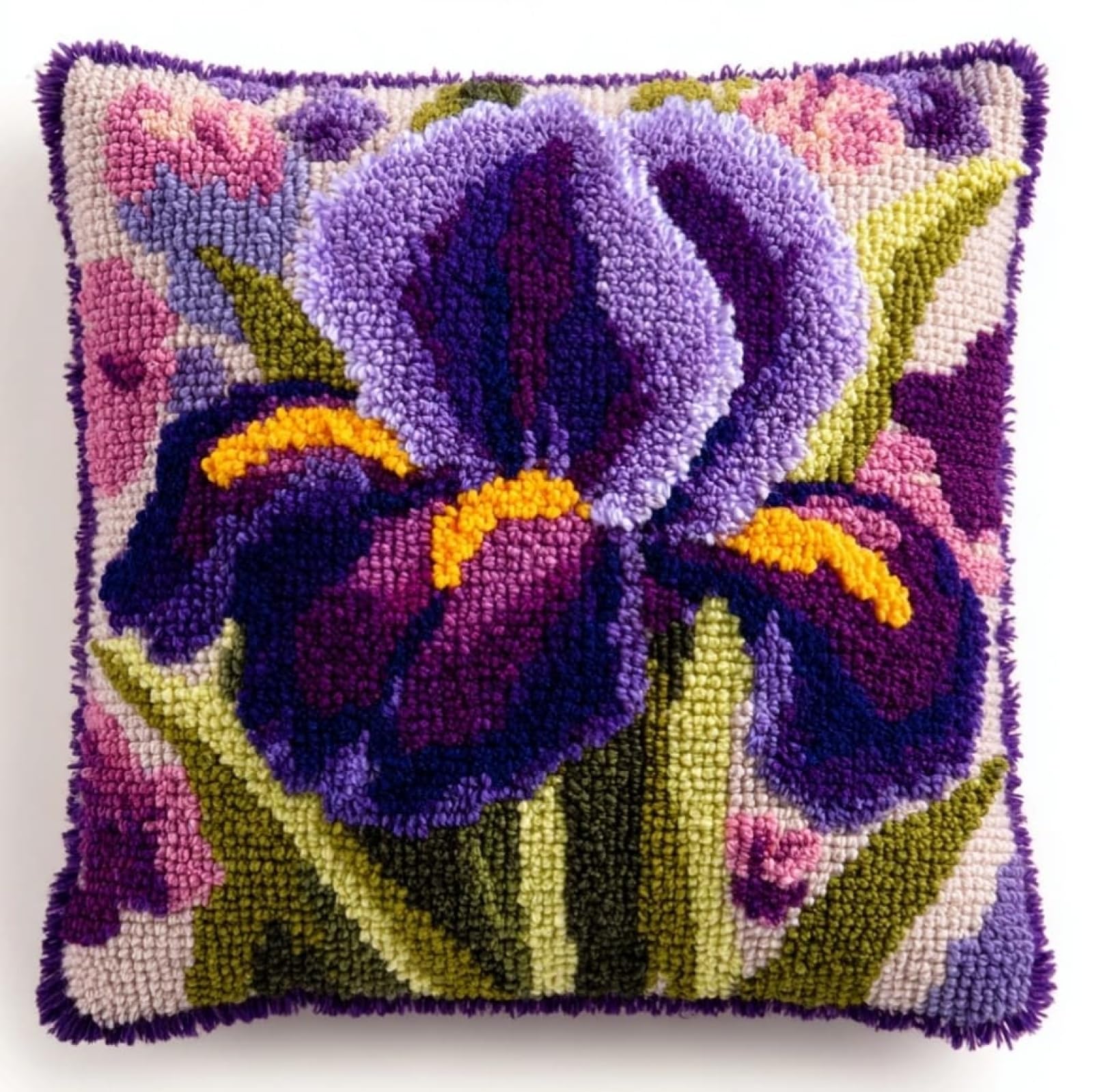 AxiangziK Latch Hook Pillow Making Kit 43x43cm,Beautiful iris Complete Set with Hook Tool & Instructions - Sofa Cushion Cover DIY Craft for Adults
