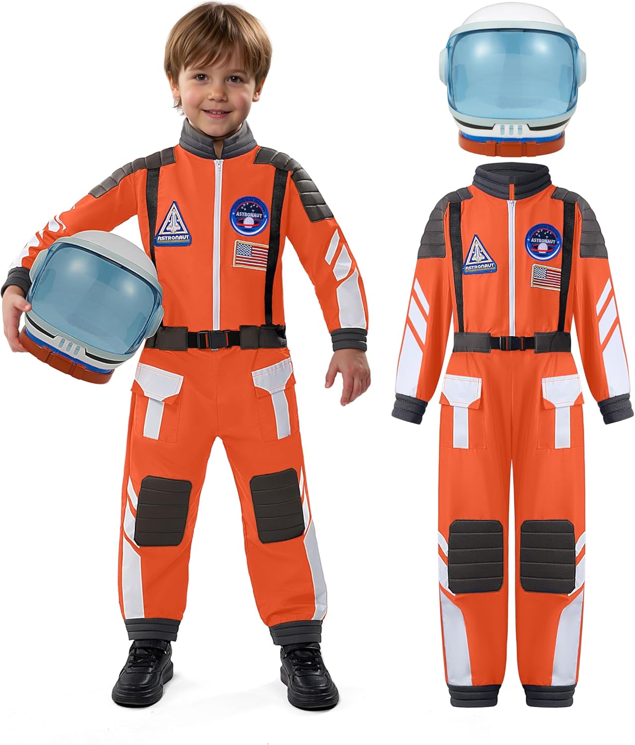 Spooktacular Creations Astronaut Costume with Helmet, Toddler Astronaut Outfit, BoysPilot Jumpsuit Unisex for Halloween Party Orange L (10-12 YRS)