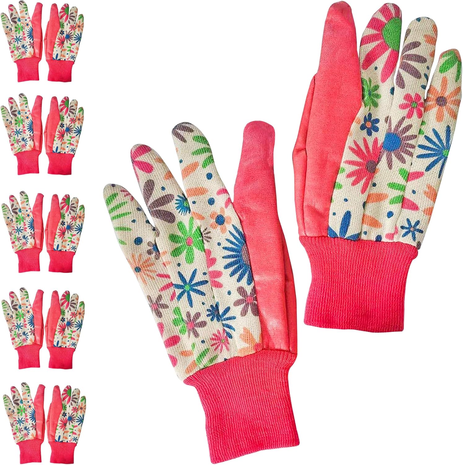 APQ Supply Floral Gardening Gloves for Women, 9 Inch. 6 Pairs Cotton Work Gloves with Knit Wrist. Gardening Gifts for Women